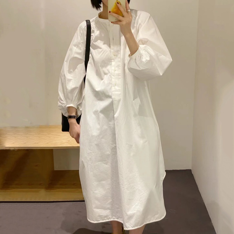 春季新款韩版时尚显瘦法式休闲版型立领泡泡袖衬衫连衣裙女