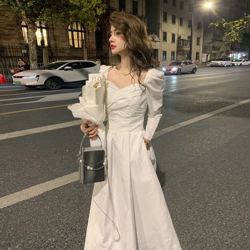 早秋新款法式白色连衣裙感浪漫绝美长袖仙女初恋小白裙子女