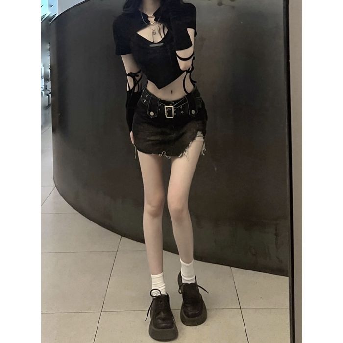 【两件套装】辣妹爱心镂空设计感短款T恤上衣女+高腰牛仔包臀短裙
