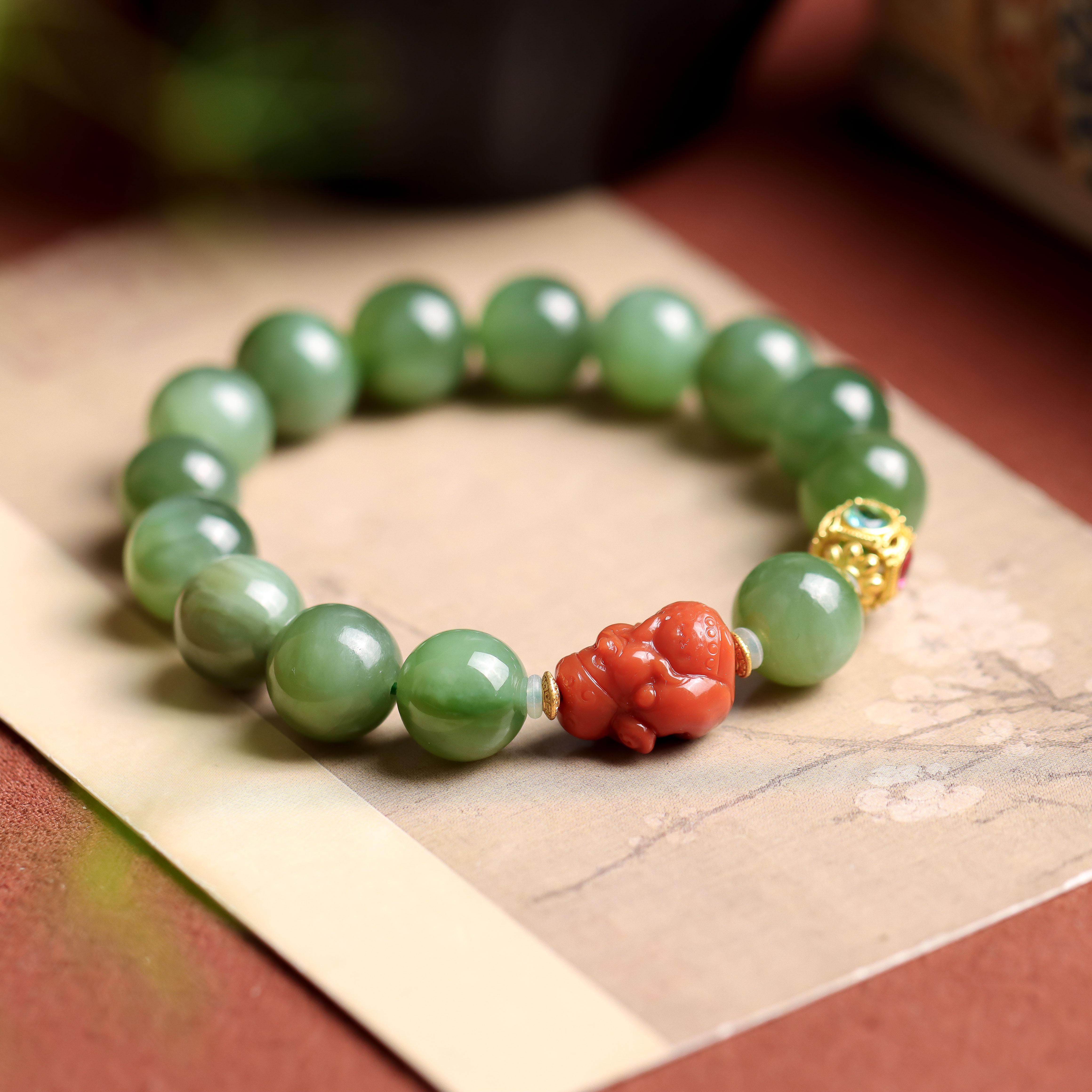 和田玉碧玉财神爷民族风手工DIY百搭送礼女款单圈手串