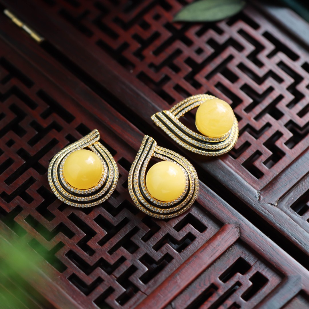 【蔓时光】S925银镀金镶嵌蜜蜡圆珠吊坠不含链(多样性发货 发其一)