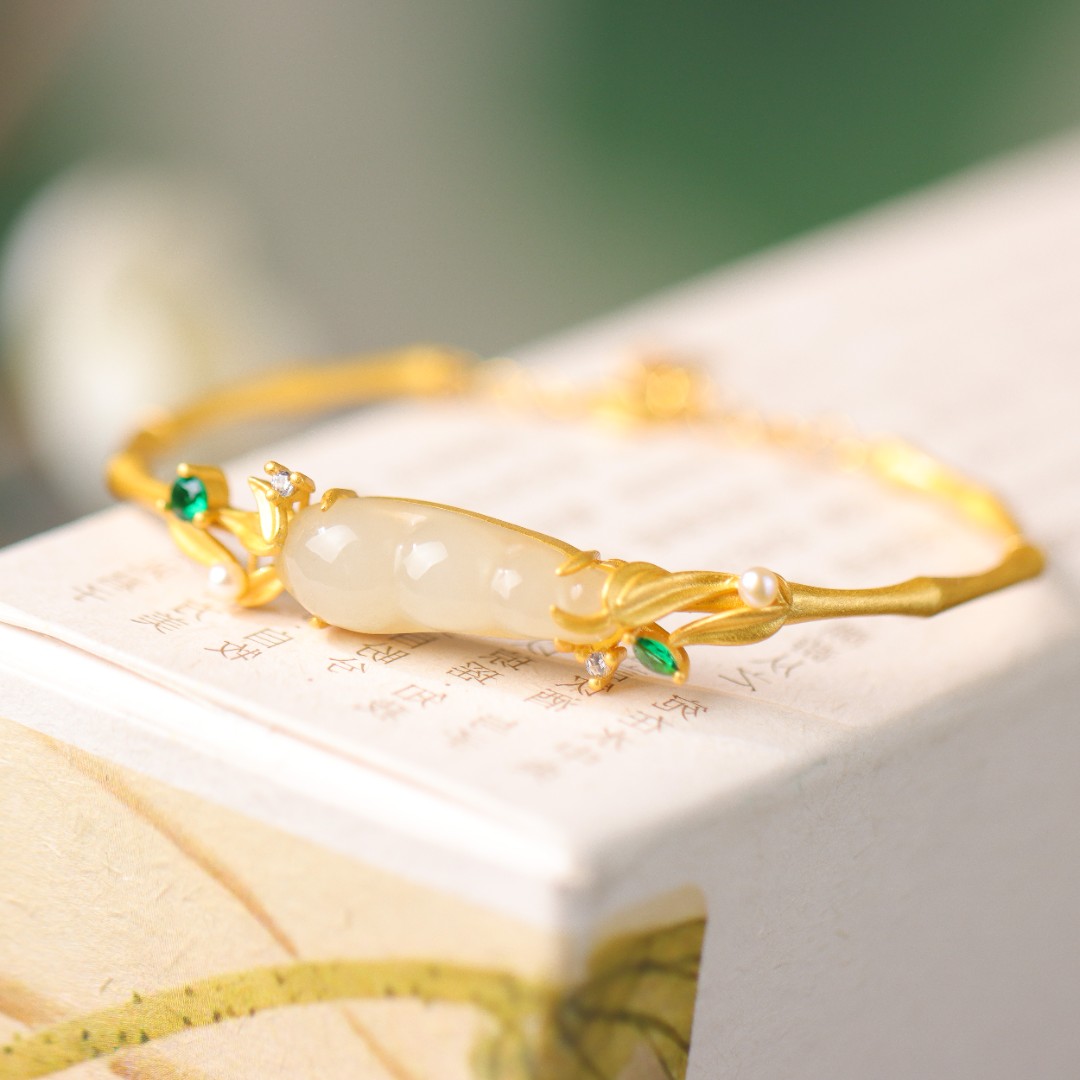 S925银银镀金镶嵌和田玉豌豆竹节时尚流行潮流女款手链