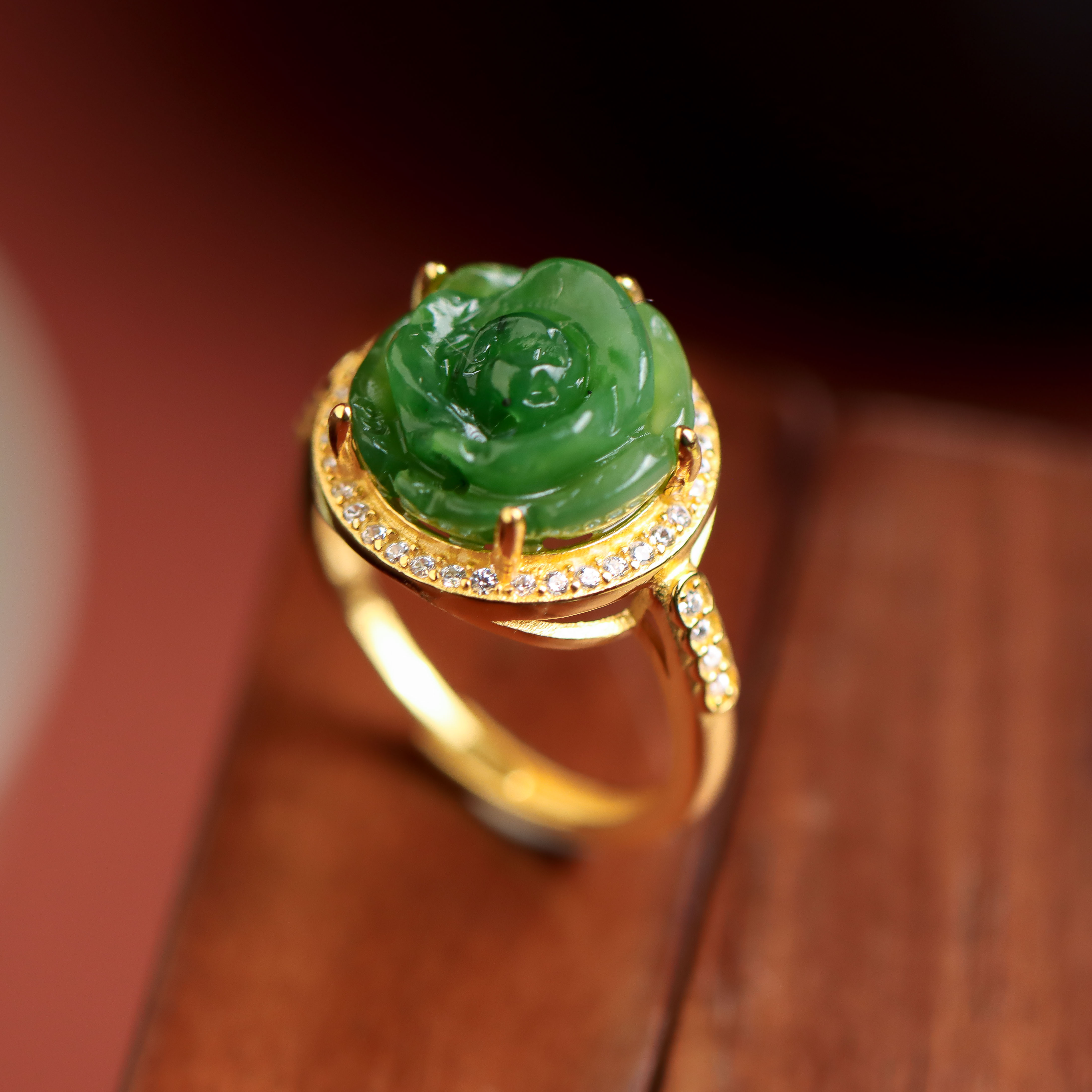 S925银镀金镶嵌和田玉碧玉玫瑰花民族风气质女款戒指