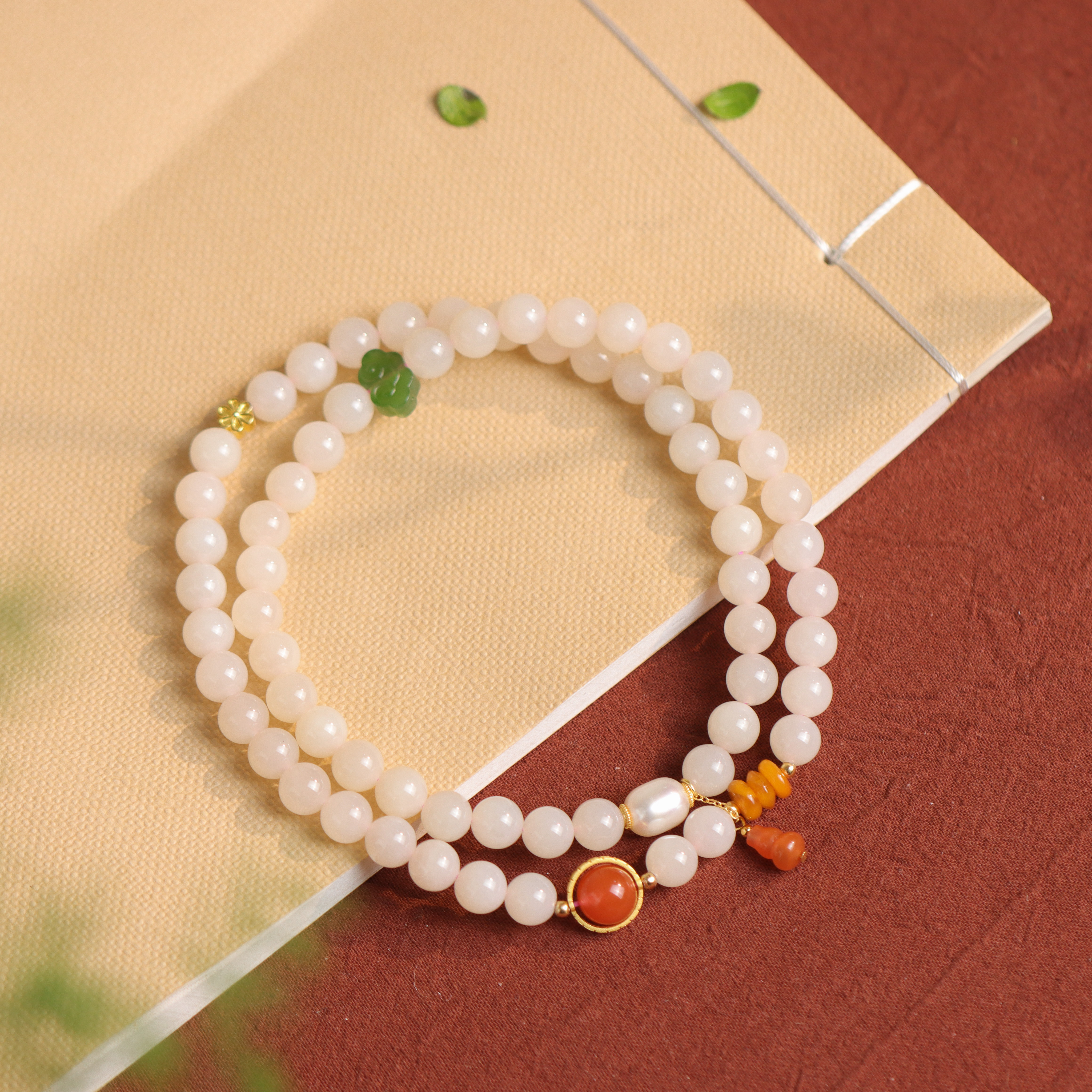 和田玉藕粉如意葫芦国潮国风时尚气质精美女款多圈手串