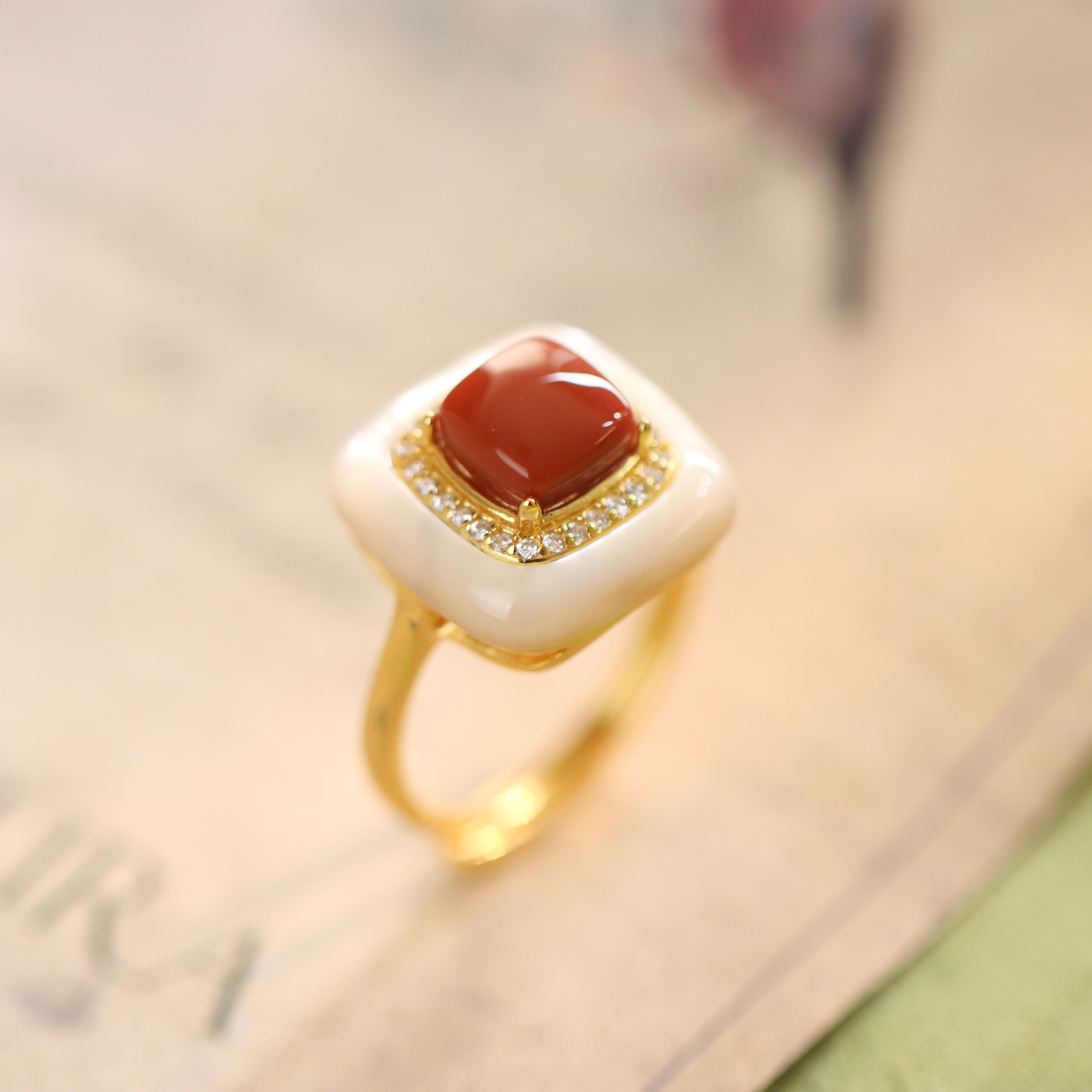 S925银镀金镶嵌玛瑙几何宫廷风民族风精致女款戒指