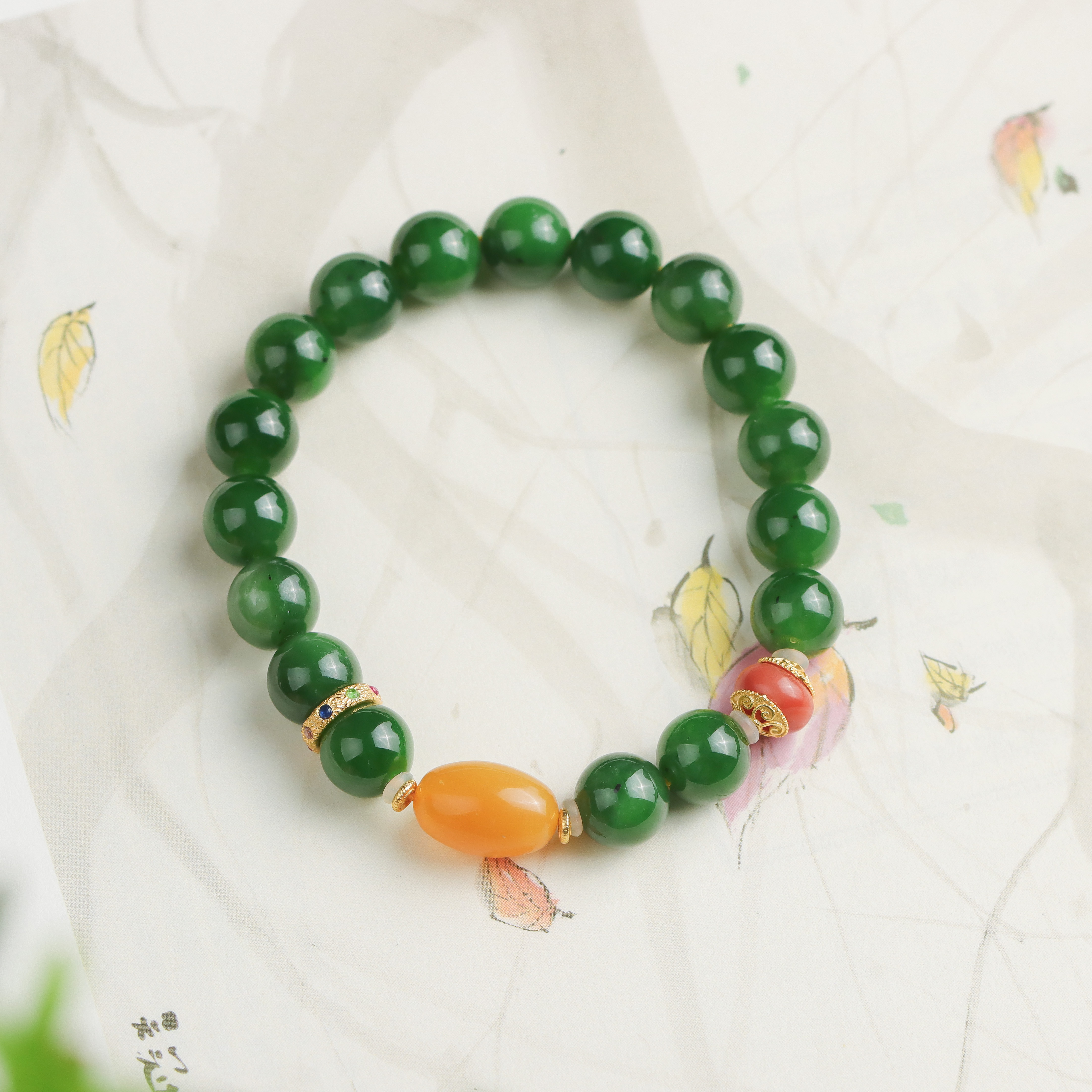 和田玉碧玉枣珠圆珠国潮国风手工DIY百搭女款单圈手串