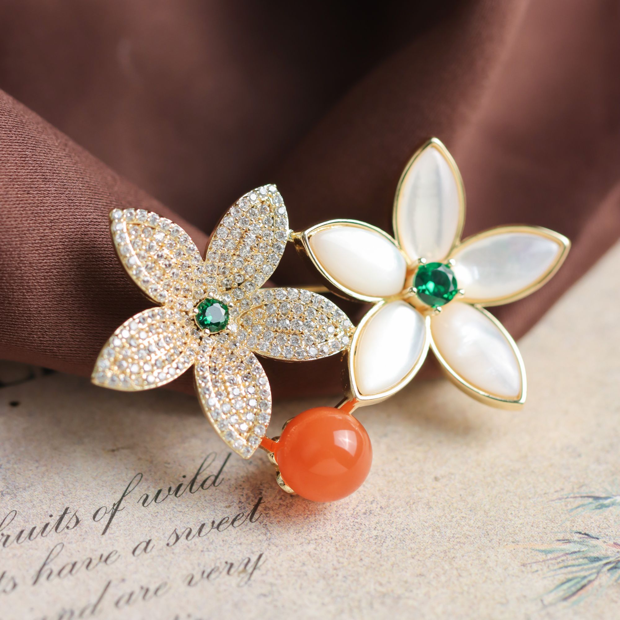 南红玛瑙圆珠双生花国潮国风手工DIY送礼女款胸针