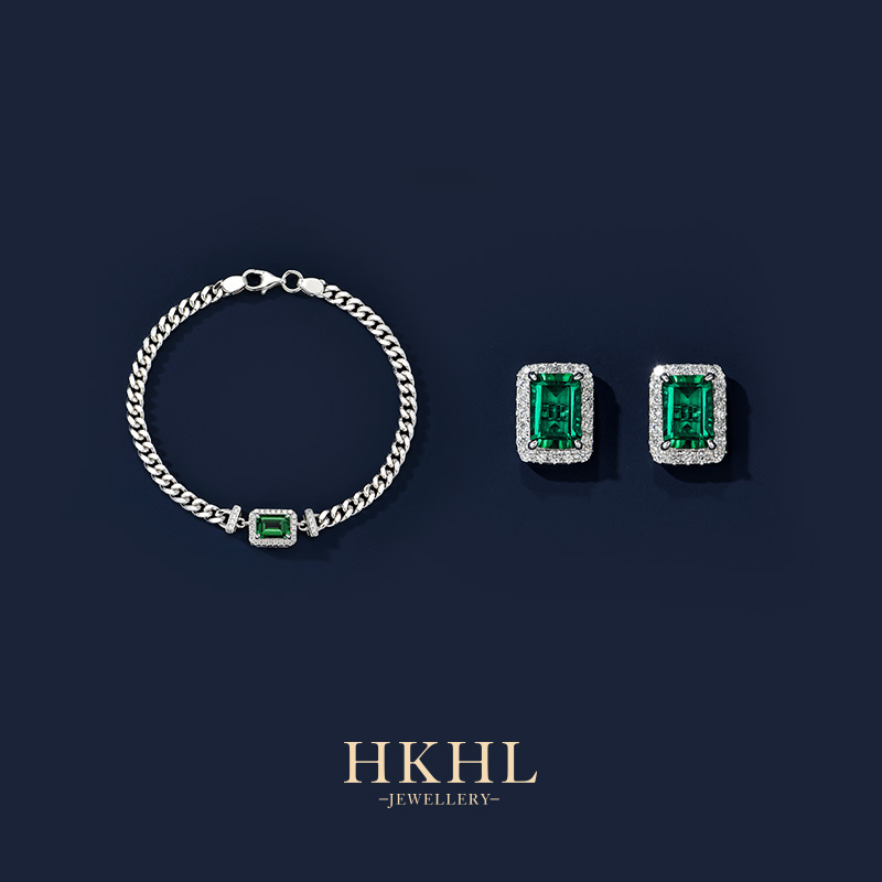 925银合成锆石耳饰 HKHL 绿野仙踪 纯银小方块耳钉女气质