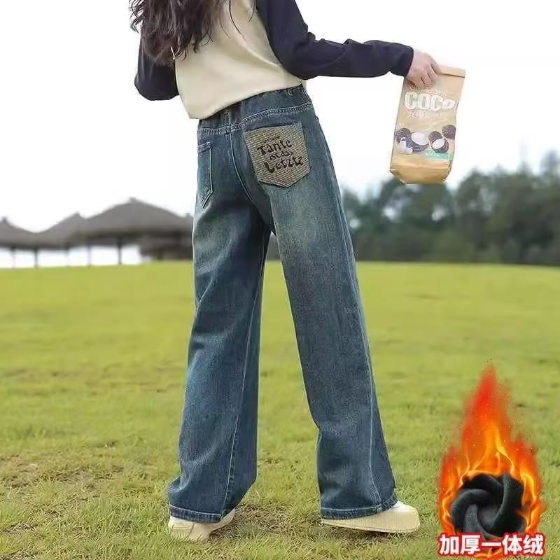 儿童秋冬直筒牛仔裤2025女童新款中大童洋气学生时尚百搭加绒长裤