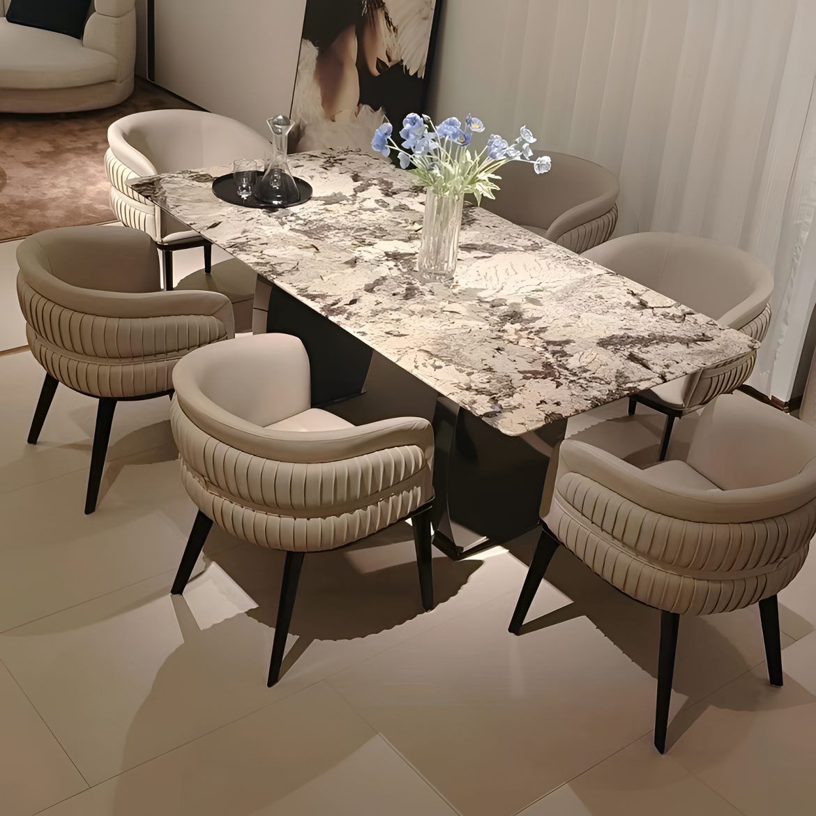 （百川奢石）雪山蓝奢石餐桌轻奢极简后现代别墅家用饭桌餐厅简约