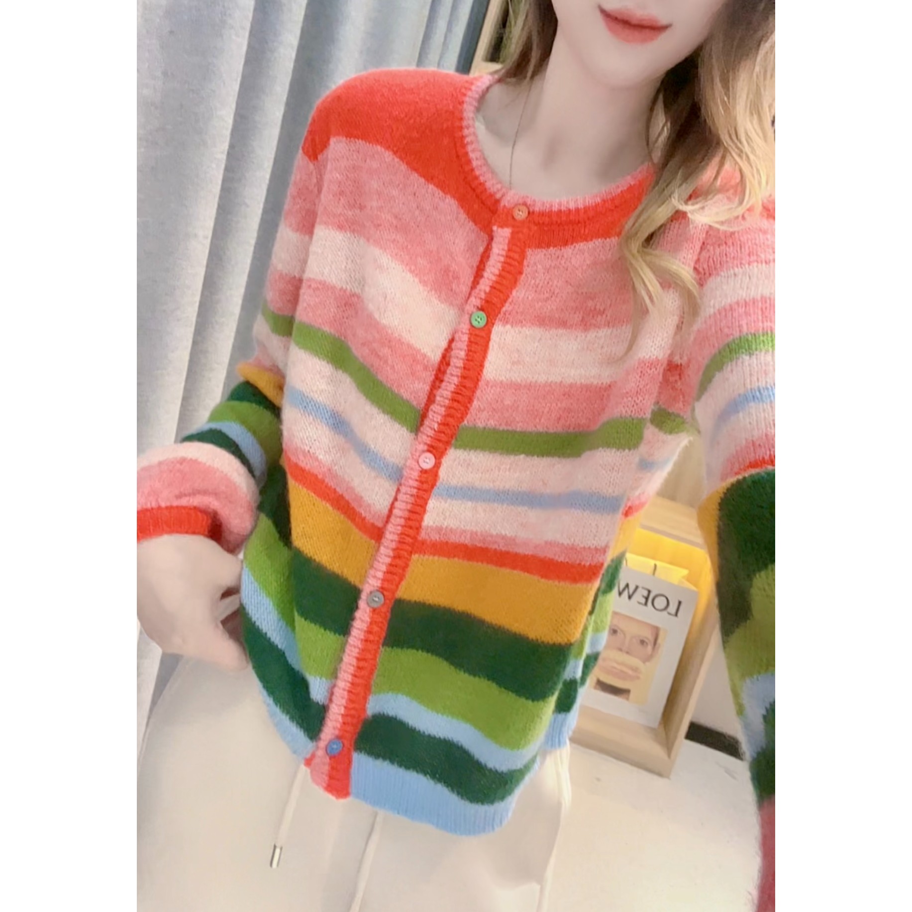 JL【拼色彩虹针织开衫】秋季新款百搭时尚长袖针织衫-W