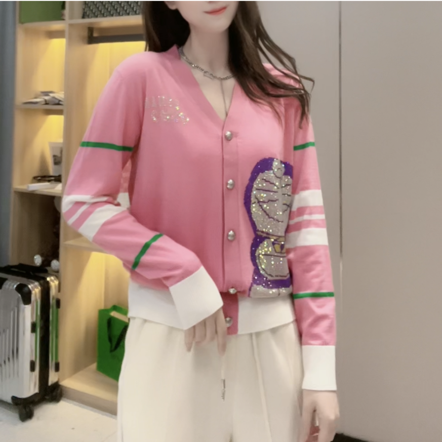 JL【重工烫钻机器猫长袖】2025新款撞色V领开衫-W