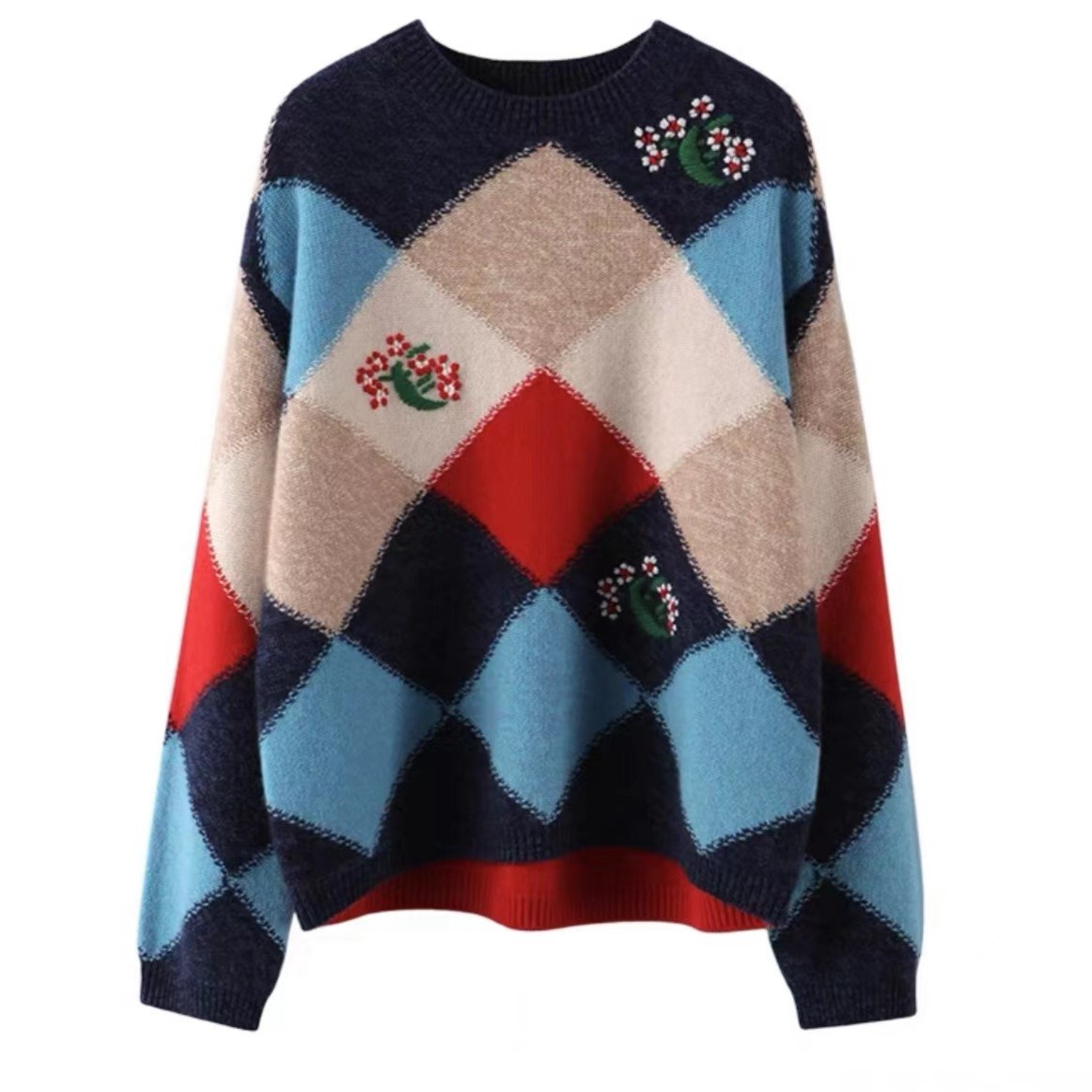 JL 【撞色菱形格全羊毛】2025重工绣花针织羊毛衫-Y