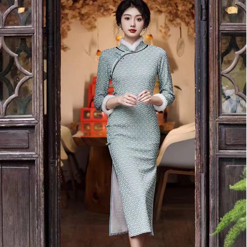 梦路 T487 冬季加绒 偏小拍大  冷黛 裙长120 长袖旗袍