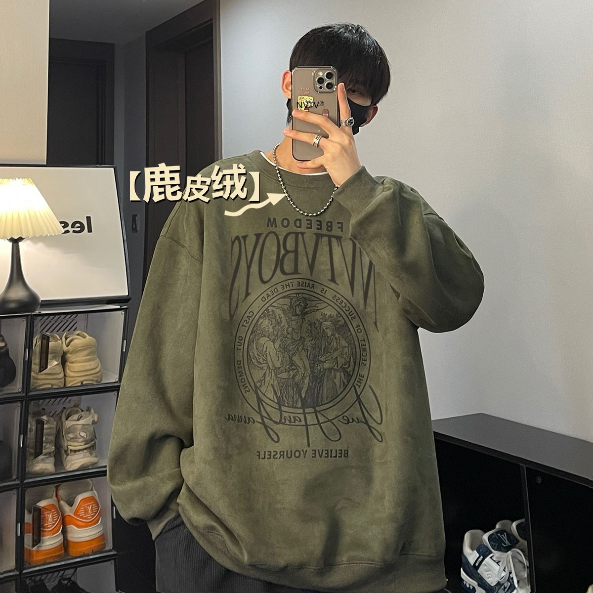 鹿皮绒重磅卫衣男潮牌美式复古宽松大码百搭上衣潮流印花情侣外套