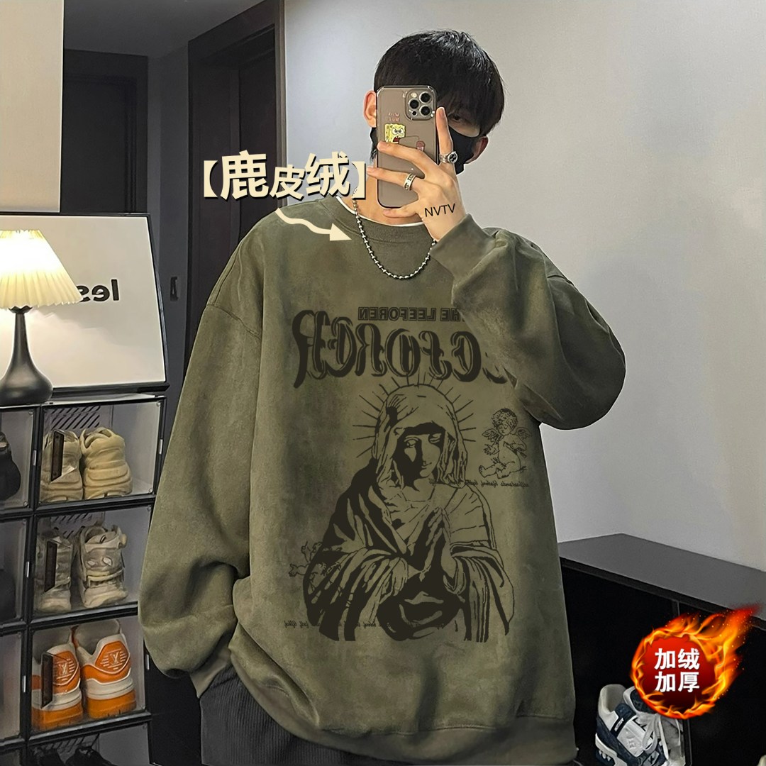 鹿皮绒美式卫衣男美式复古卫衣秋冬潮牌重磅大码上衣vintage外套
