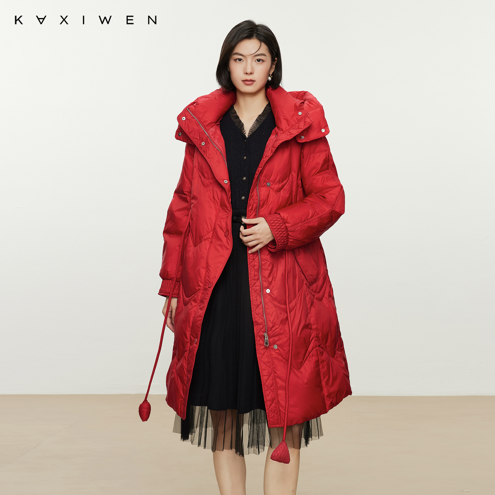 佧茜文中国红减龄连帽羽绒服冬季白鸭绒保暖中长款外套X10BYS8669