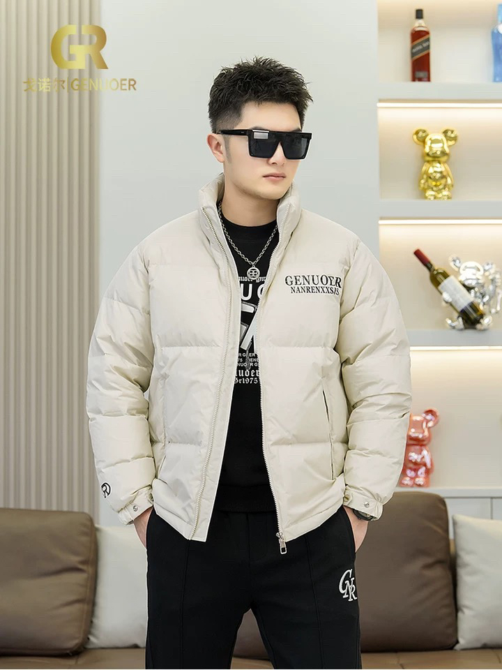 戈诺尔米白色男士羽绒服冬季新款男装立领印花面包服保暖外套