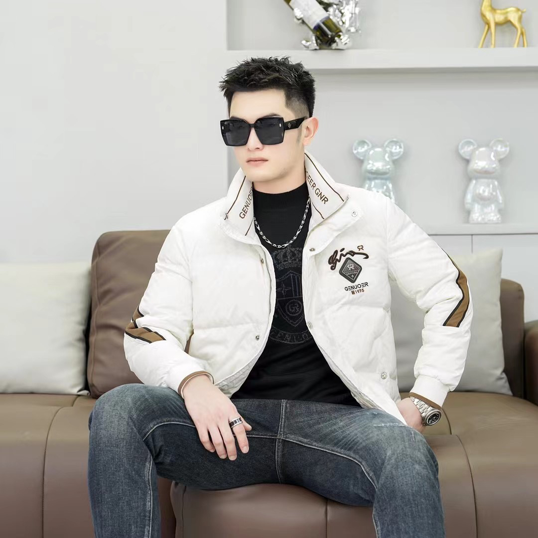 戈诺尔白色男士羽绒服冬季新款男装立领印花保暖外套百搭潮流