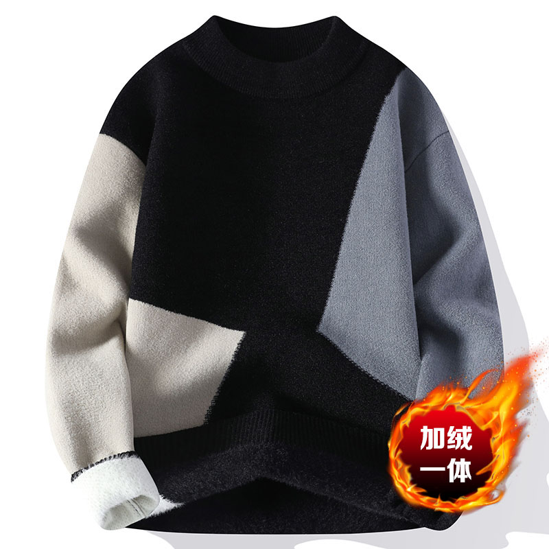 冬季新男加绒加厚半高领针织衫一体绒青毛衣男士学生保暖