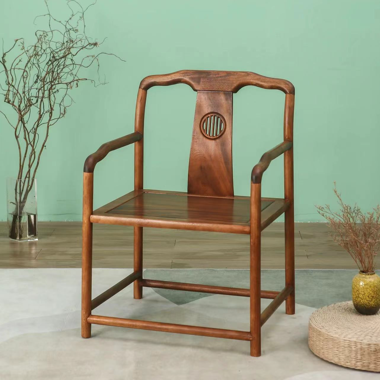 南美胡桃木浩然书椅客椅茶椅休闲椅家用背椅新中式实木椅官帽椅