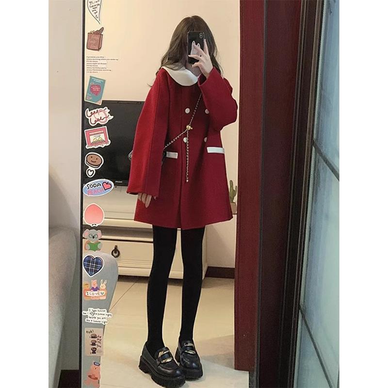 耶诞红色外套女秋冬季龙年本命年衣服中长版双面绒毛呢子大衣