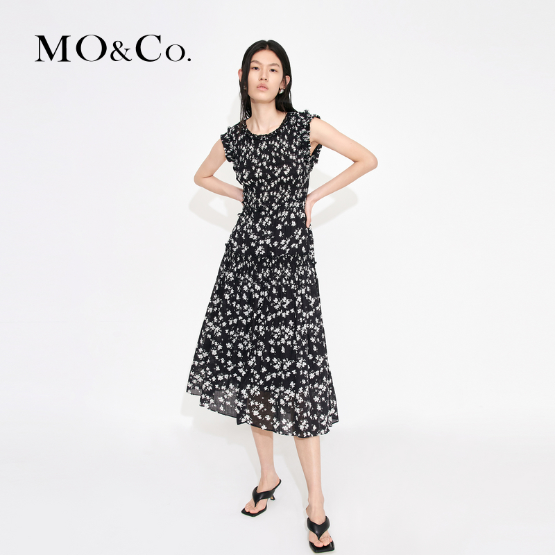 MOCO夏季荷叶边花边打揽收腰碎花无袖连衣裙春日花花MBD2DRST10