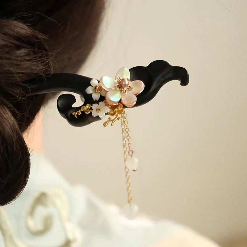 花婉枝古风发簪汉服头饰古装婚盘发配饰黑檀木簪