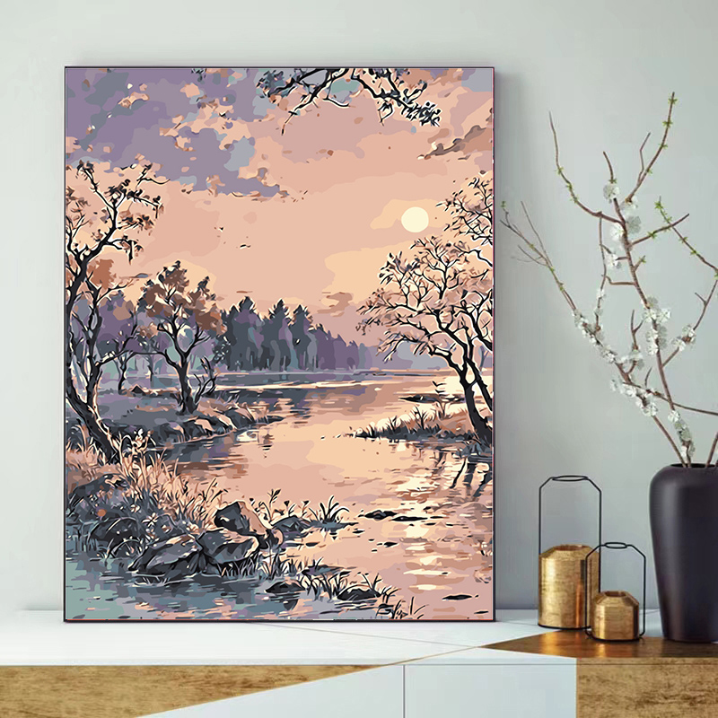 数字油画diy古风山水油彩画手工填色风景动手涂色肌理画画高难度