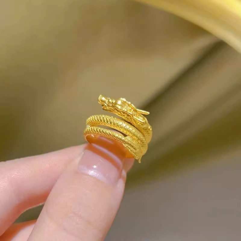 铜合金戒指 三圈盘龙戒指本命年食指生肖龙开口指环复古饰品新款