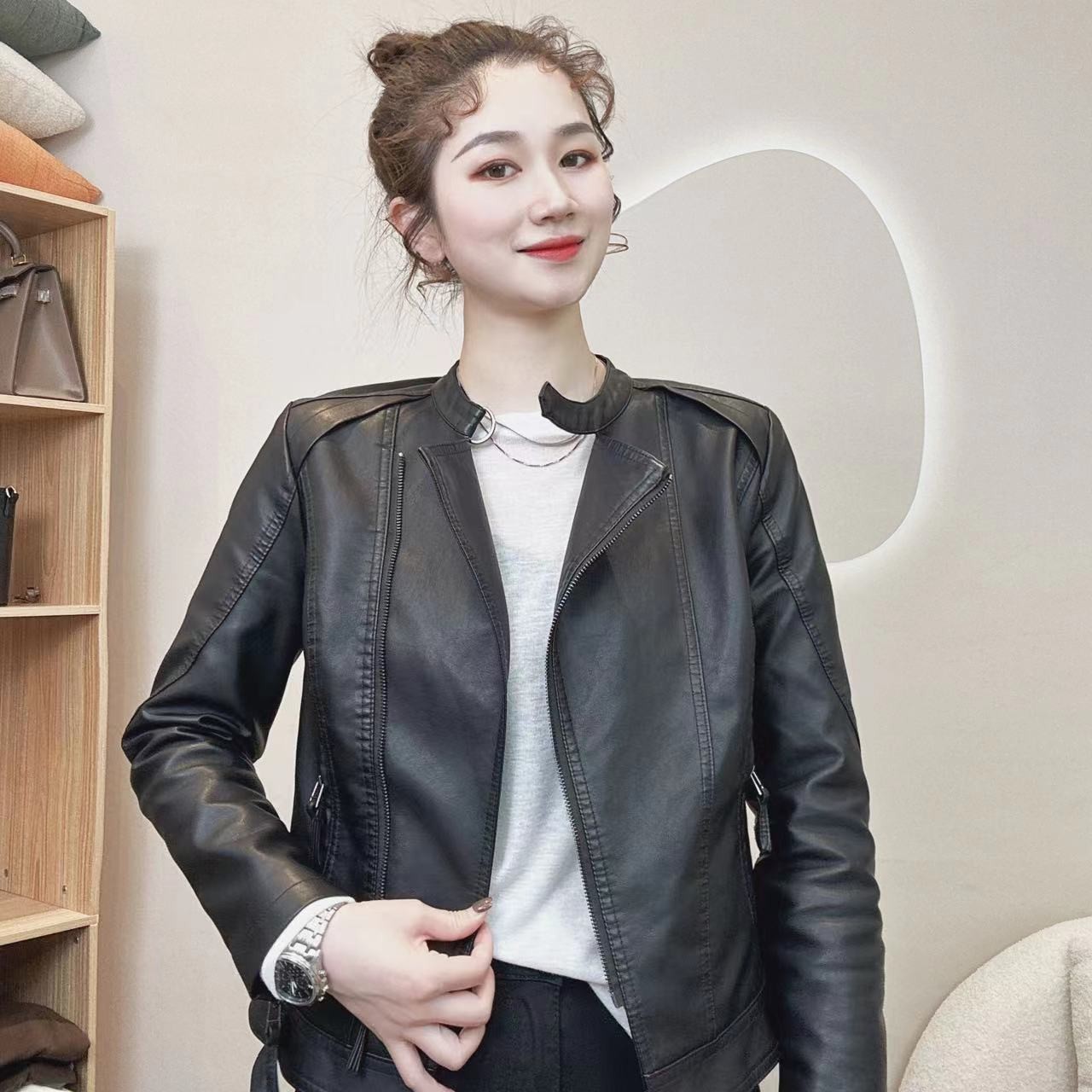 〖机车女神〗圆领时尚休闲百搭磨砂长袖韩版通勤显瘦皮衣外套女款1