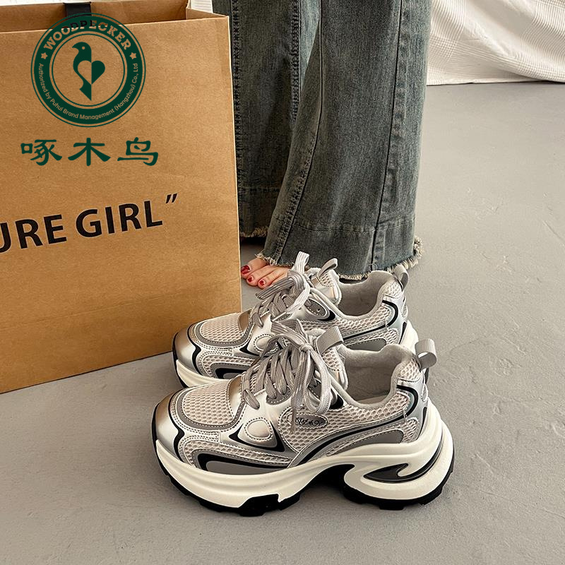 啄木鸟爆款炸街厚底老爹鞋女春季新款增高百搭网面透气休闲运动鞋