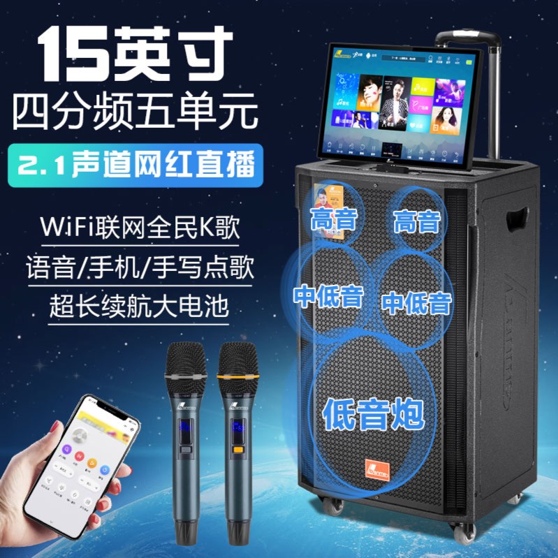 丹唛仕15寸重低音广场舞音响带显示屏一体机户外移动KTV唱歌音箱