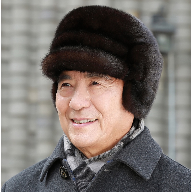 貂皮帽子男整貂中老年水貂毛帽子冬季保暖老人爷爷貂绒护耳皮草帽