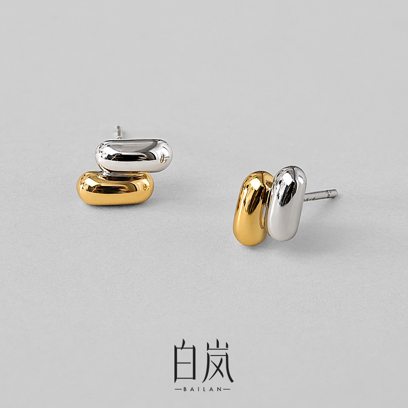 925银耳饰 白岚双色耳钉女2025新款简约气质小巧精致耳环ED3348