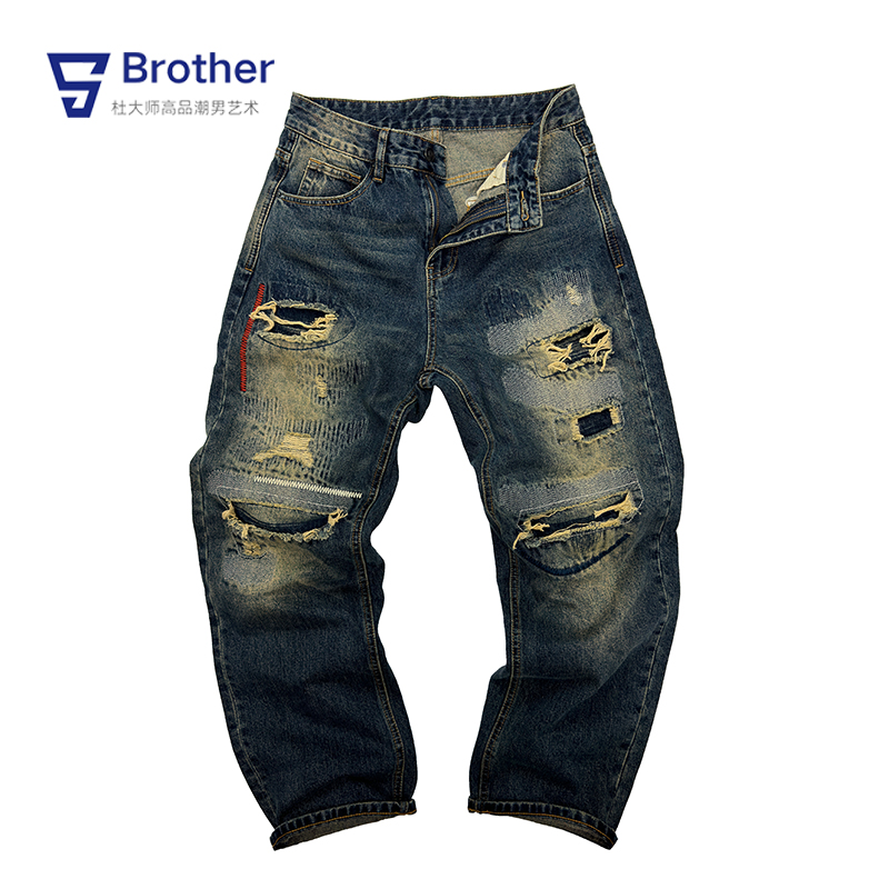 潮男破洞男士牛仔裤美式经典乞丐补丁冠希嘻哈直筒裤子休闲高街女