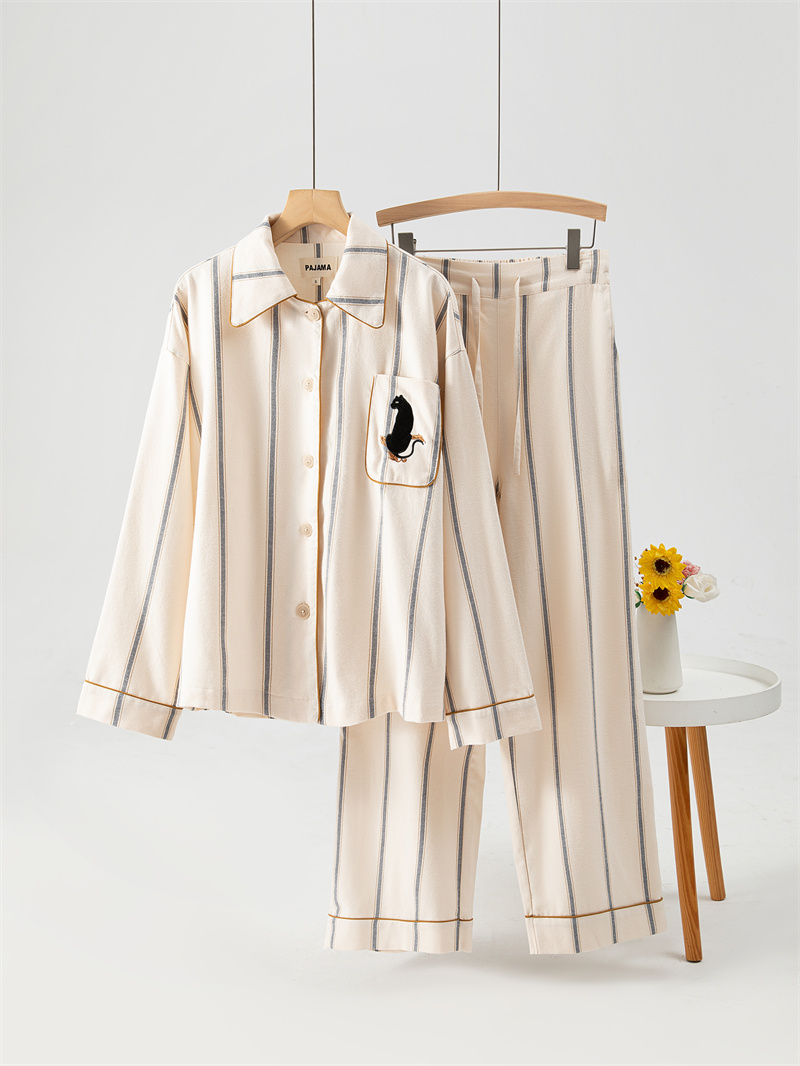 秋冬纯棉米白都市黑豹磨毛男女同款长袖长裤睡衣套装家居服可外穿