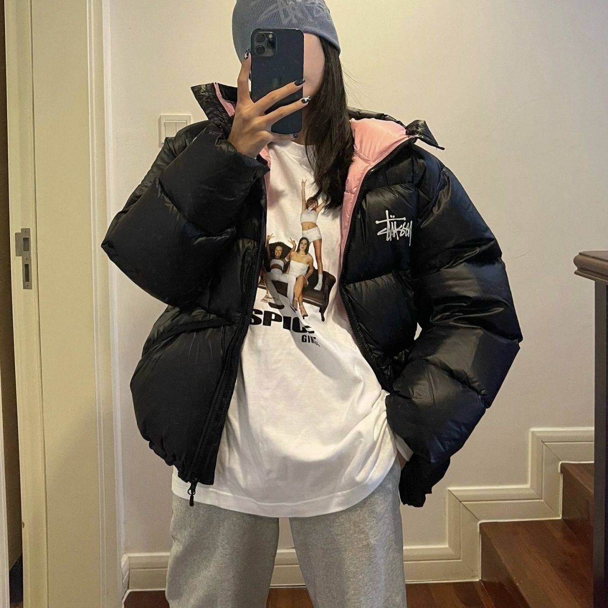 90白鸭绒 St*ssy冬季男女同款斯图西加厚保暖连帽短款羽绒服情侣