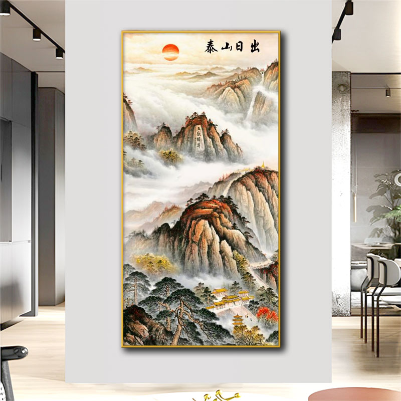 泰山日出壁画玄关高级感大展宏图客厅轻奢简约大气玄关挂画孔雀