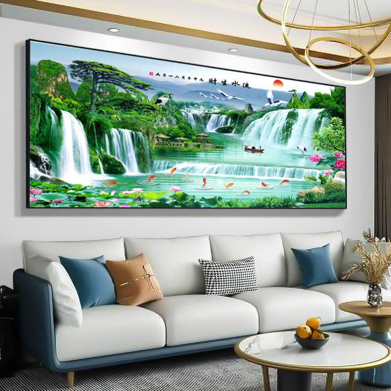 轻奢流水生财客厅装饰画山水风景晶瓷画挂画镶钻墙面轻奢高档壁画