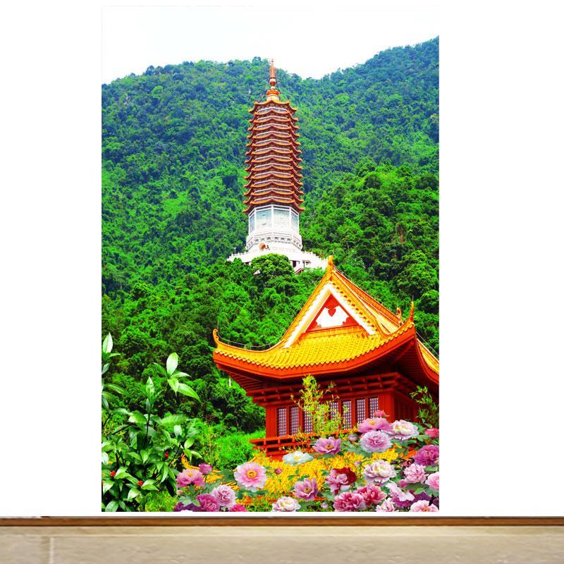 竖版宝塔亭子玄关背景墙装饰自粘贴画仙堂有山无水招财海报装饰画