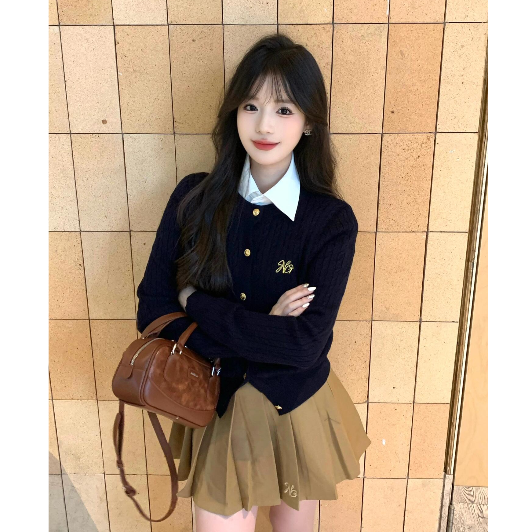 美式复古jk学院风针织开衫百褶裙短裙套装韩系学姐修身显瘦辣妹秋