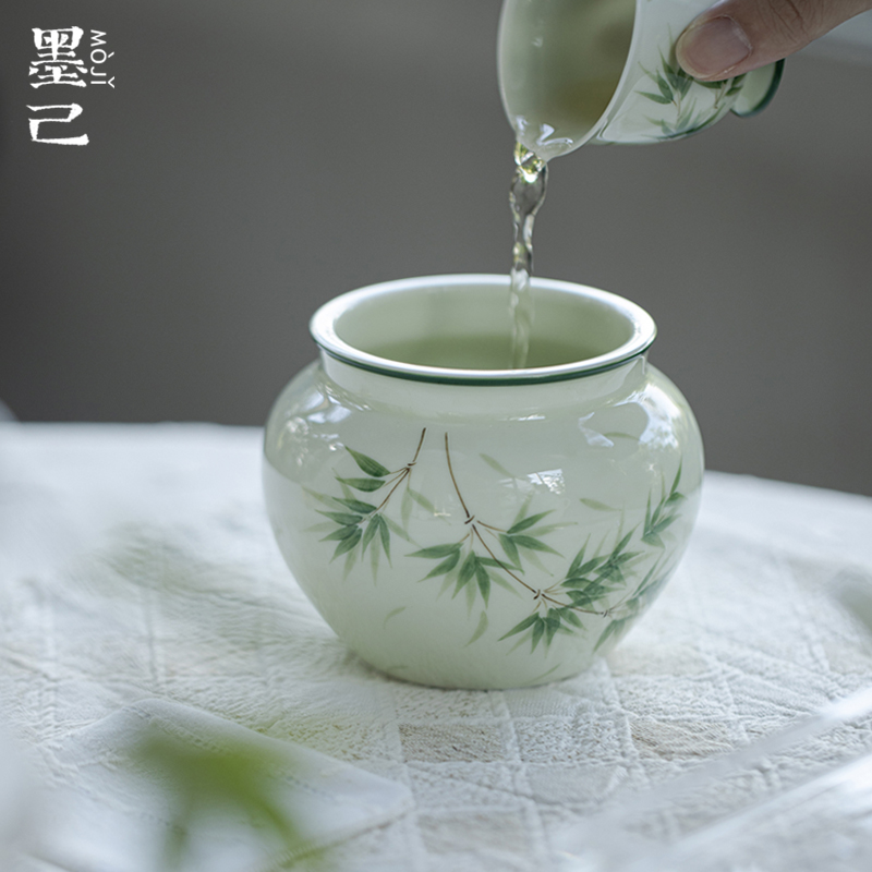 墨己小苍翠青竹陶瓷建水手绘家用废水缸茶道配件水盂茶席废水缸
