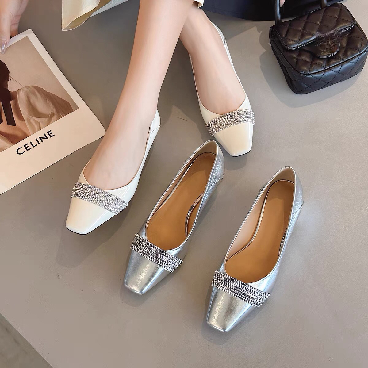 广州女鞋7225-7头层牛皮真皮小方头中粗跟浅口水钻百搭时尚女单鞋