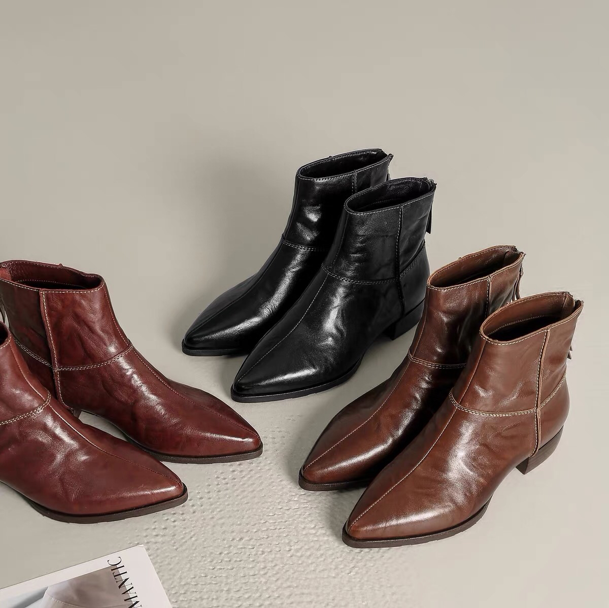 广州女鞋508-1马皮优雅大气手抓纹尖头瘦瘦靴矮低跟加绒短靴