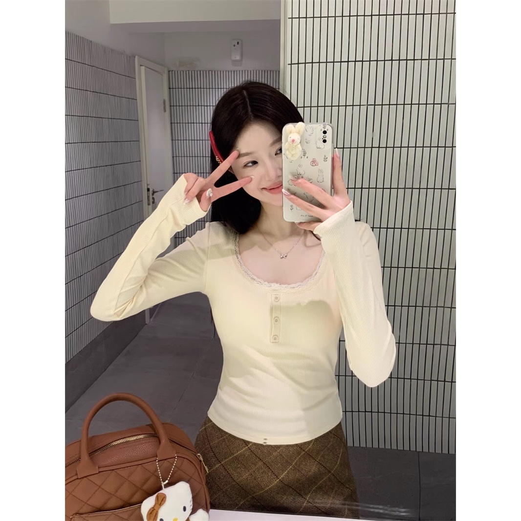 德绒带胸垫纯欲风甜辣妹长袖T恤女高级设计感修身内搭打底衫上衣