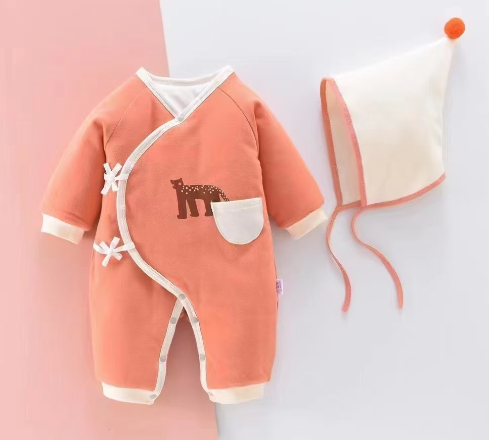 新生儿连体衣（100g中厚）冬季夹棉婴儿蝴蝶衣0-3个月卡通带帽宝宝