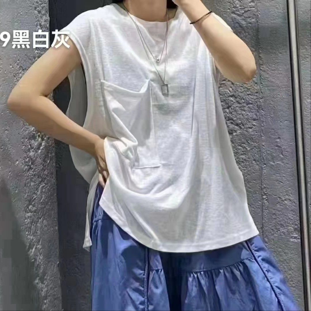 夏季圆领高货棉麻纯色时尚百搭宽松无袖T恤女装（009#）