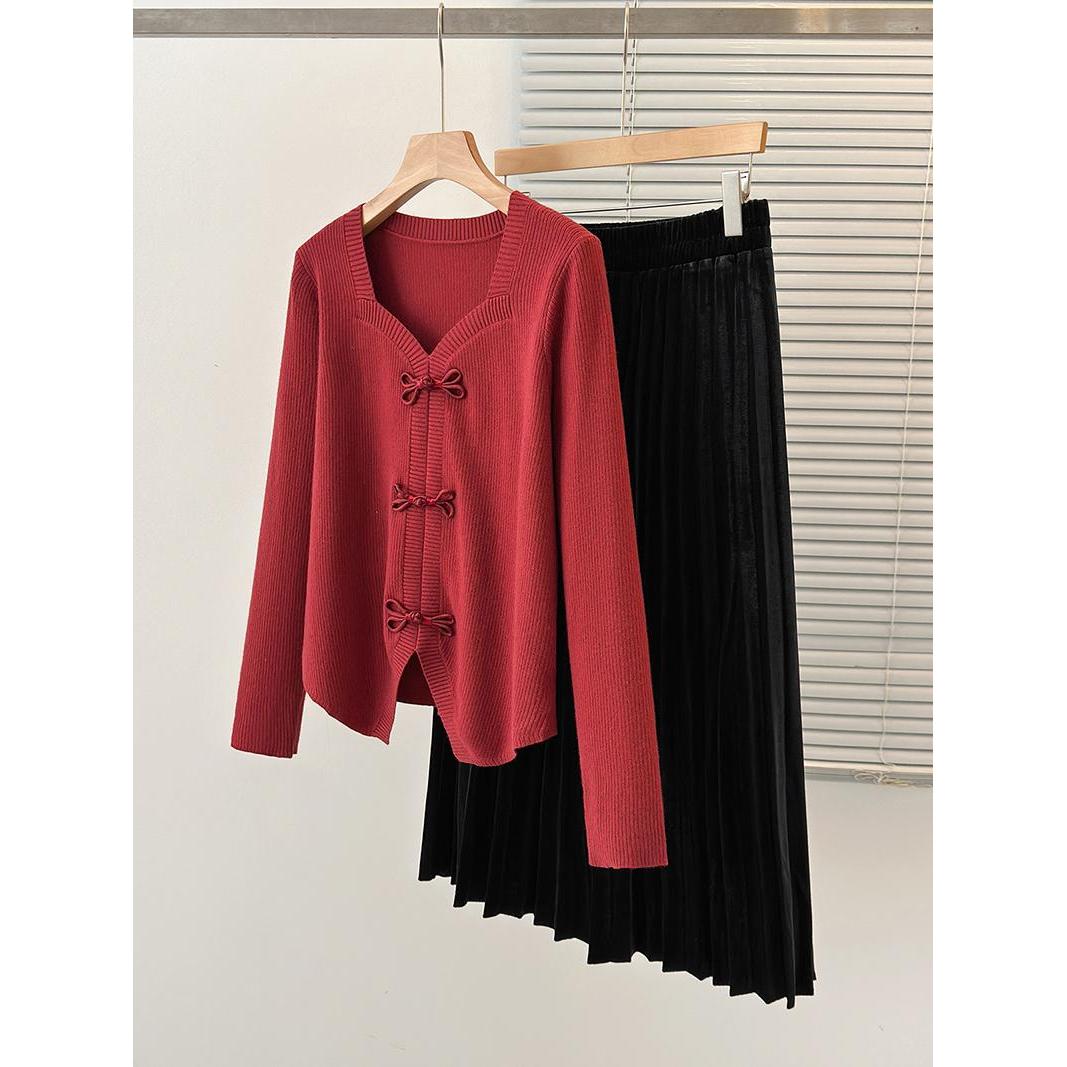 71239+18015#春新款胖mm新中式针织毛衣上衣丝绒半身裙