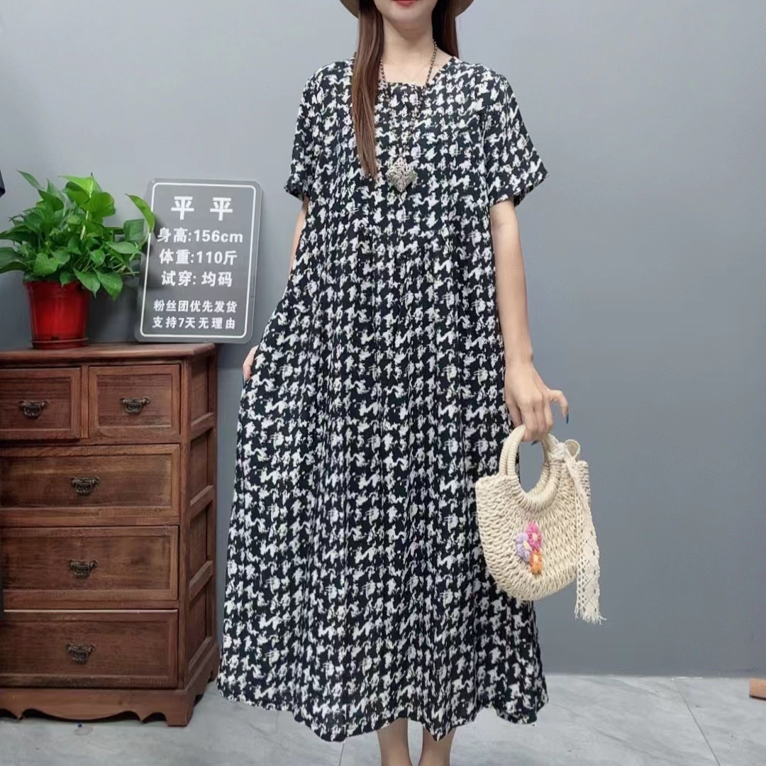 3379夏季新款清凉气质时尚复古遮肚宽松女显瘦百搭圆领休闲连衣裙